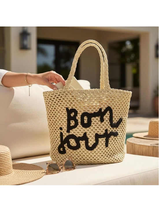 no-brand Handbags - Boutique Crochet Handbag with 'Bonjour' Design

This is a boutique-style crochet